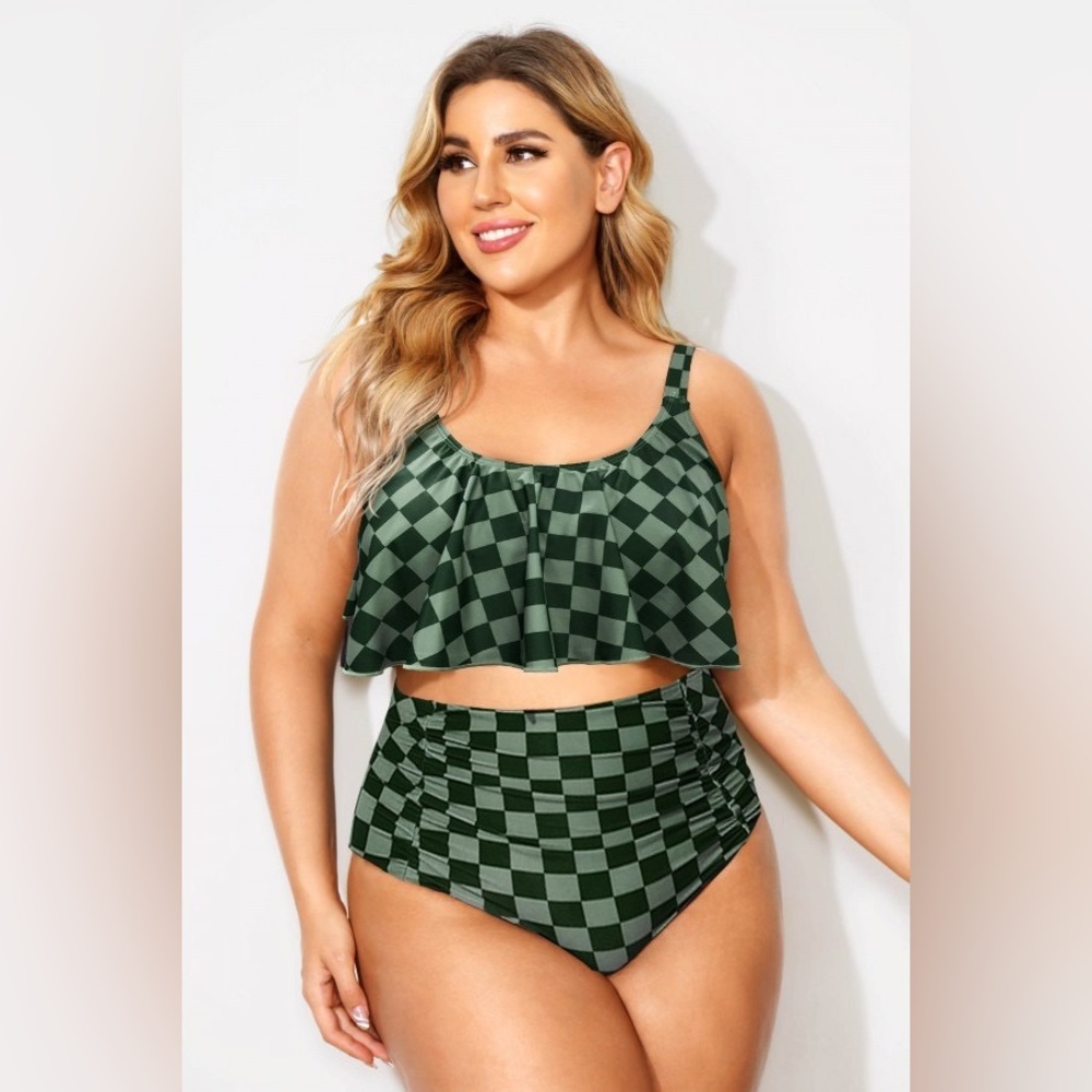 Green Plaid Scoop Neck Bikini Top